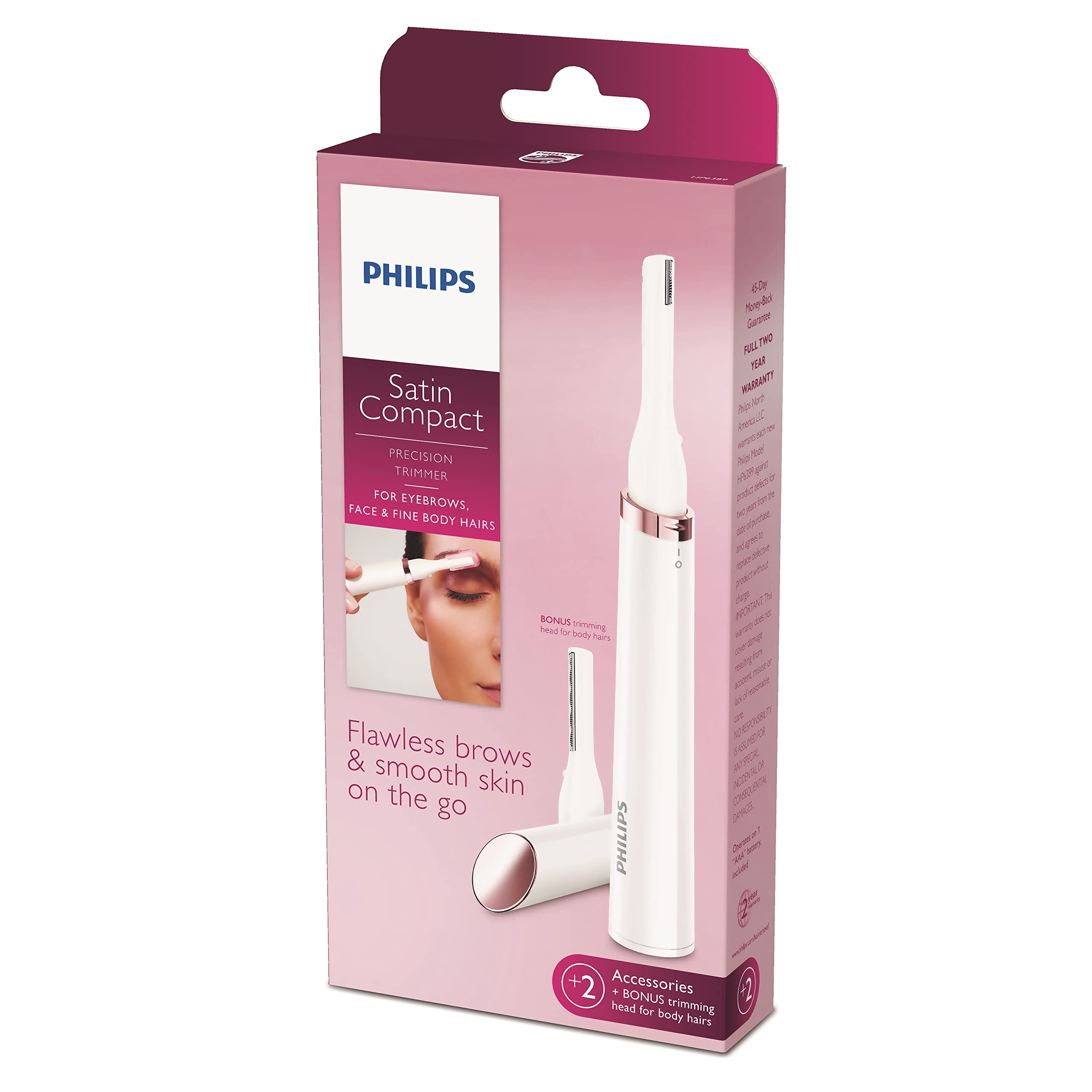 Philips Beauty SatinCompact Women's Precision Trimmer, Instant Hair Removal for Face & Eyebrows, Fine Body Hair, HP6389