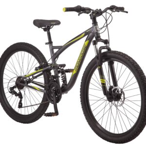 Mongoose Status 2.4 Men and Women Mountain, 27.5-Inch Wheels, 21-Speed Shifters, Aluminum Frame, Dual Suspension, Dark Silver