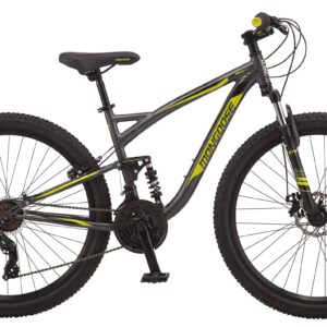 Mongoose Status 2.4 Men and Women Mountain, 27.5-Inch Wheels, 21-Speed Shifters, Aluminum Frame, Dual Suspension, Dark Silver
