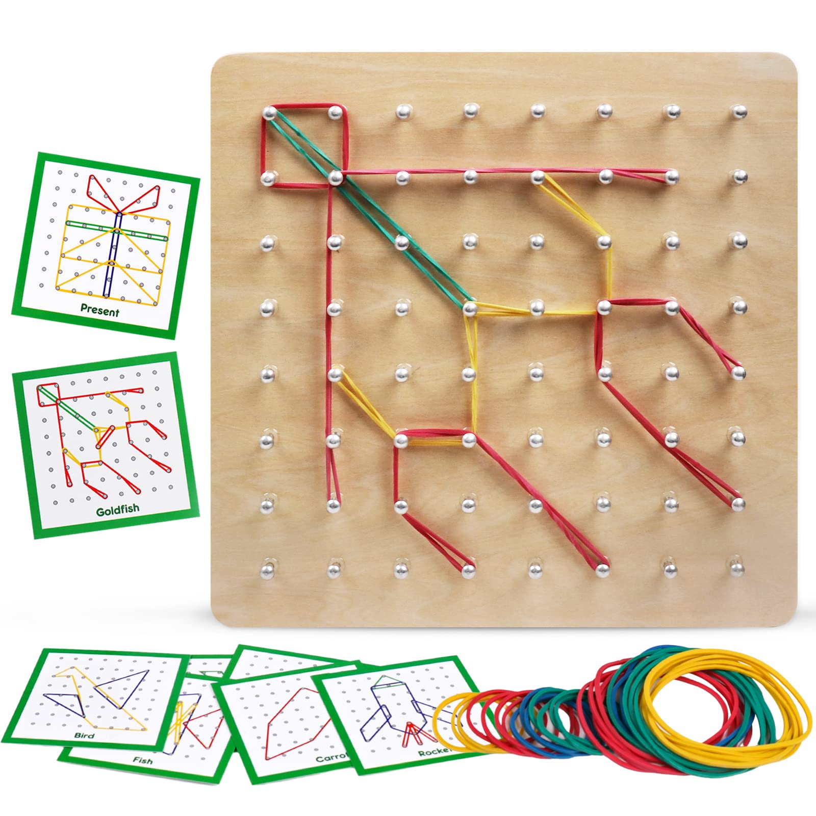 Kizh Wooden Geoboard Math Manipulative Material Graphical Geo Board Montessori Educational Toys Array Block Pattern Cards and Rubber Bands STEM Puzzle Matrix 8x8 Brain Teaser Toys