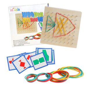 Kizh Wooden Geoboard Math Manipulative Material Graphical Geo Board Montessori Educational Toys Array Block Pattern Cards and Rubber Bands STEM Puzzle Matrix 8x8 Brain Teaser Toys