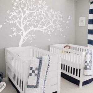 Large Tree Wall Decals Nursery Tree Stickers with Birds Stunning Tree Wall Art Mural Vinyl Wall Decor KW032 (Leaning Right, White)