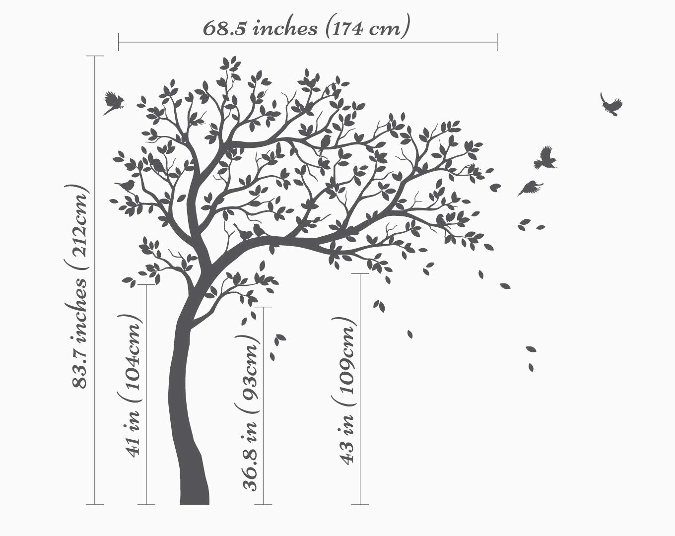 Large Tree Wall Decals Nursery Tree Stickers with Birds Stunning Tree Wall Art Mural Vinyl Wall Decor KW032 (Leaning Right, White)