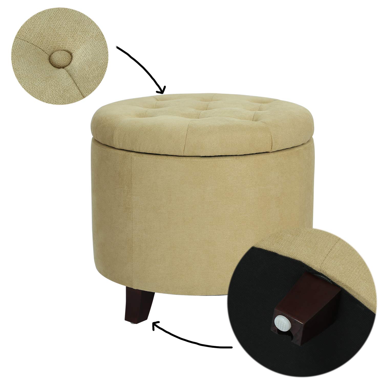 Adeco Fabric Cushion Round Button Tufted Lift Top Storage Footstool, Height 17 Inches Ottomans & Storage Ottomans, Flax Yellow