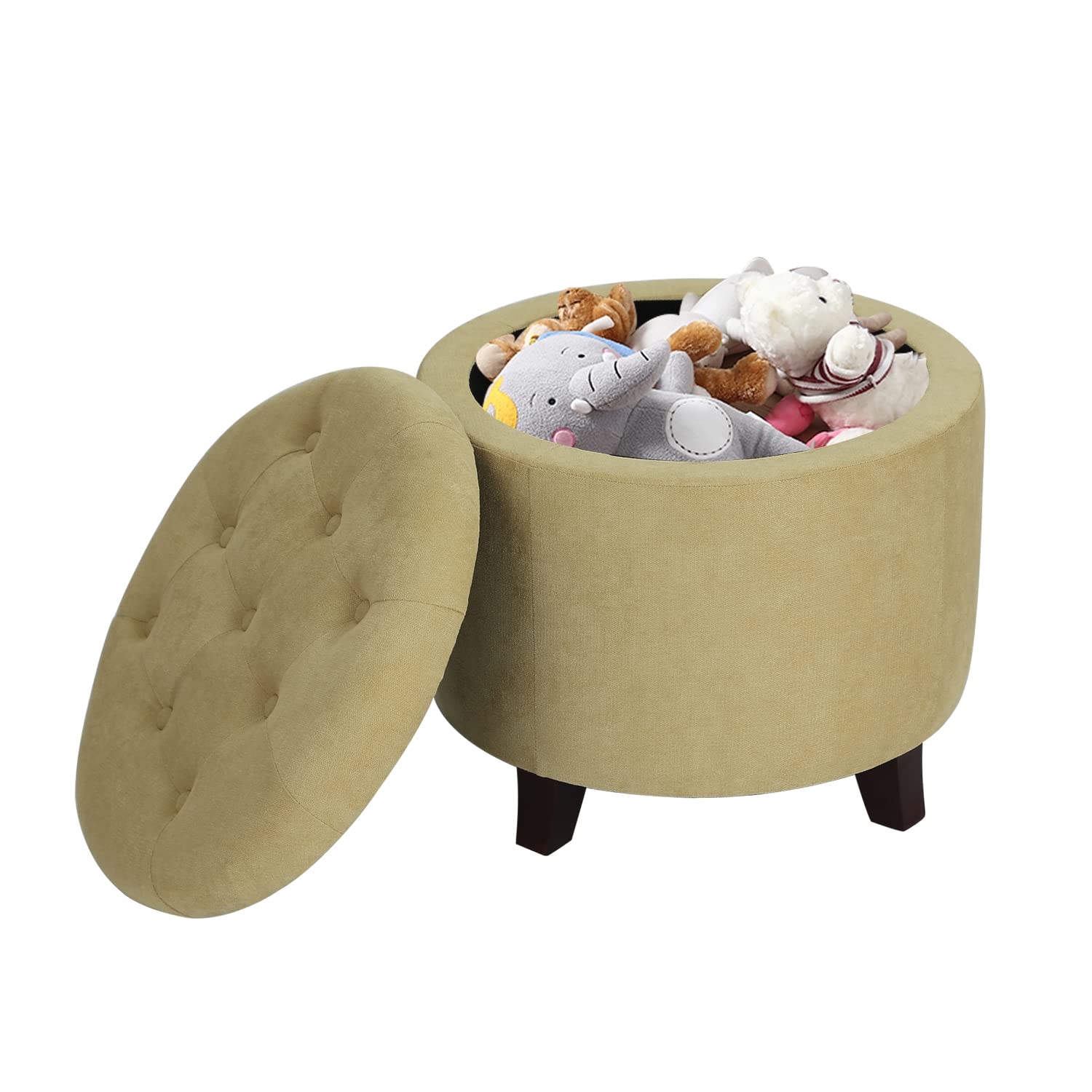 Adeco Fabric Cushion Round Button Tufted Lift Top Storage Footstool, Height 17 Inches Ottomans & Storage Ottomans, Flax Yellow