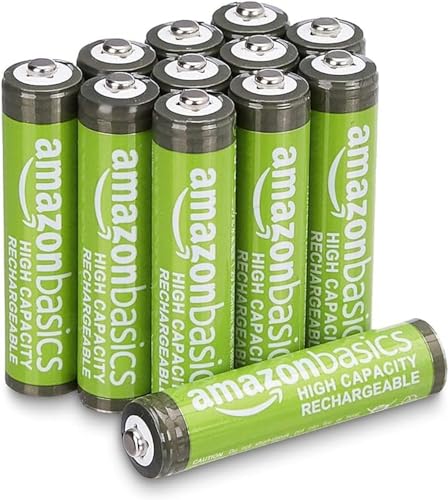 Amazon Basics 12-Pack Rechargeable AAA NiMH High-Capacity Batteries, 850 mAh, Recharge up to 500x Times, Pre-Charged