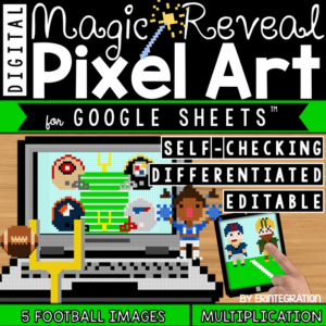 multiplication & division fact practice on google sheets - self checking - football themed - magic reveal - digital pixel art (editable)