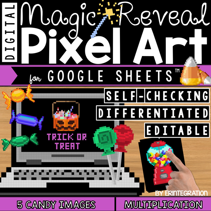 Multiplication & Division Fact Practice on Google Sheets - Self Checking - Treats Themed - Magic Reveal - Digital Pixel Art (Editable)