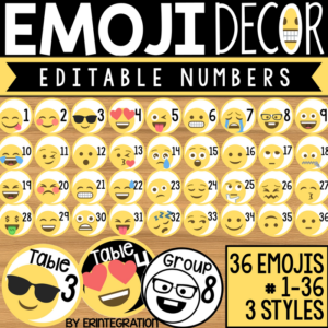 emoji number cards – 36 different emojis – 3 styles (editable)