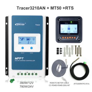 EPEVER MPPT Charge Controller 30A Max PV 100V Input 12V/24V Auto, Negative Grounded with MT50 & Temperature Sensor, Work for Lead-Acid Sealed/Gel(AGM)/Flooded and Lithium Battery(30A+MT50+RTS)