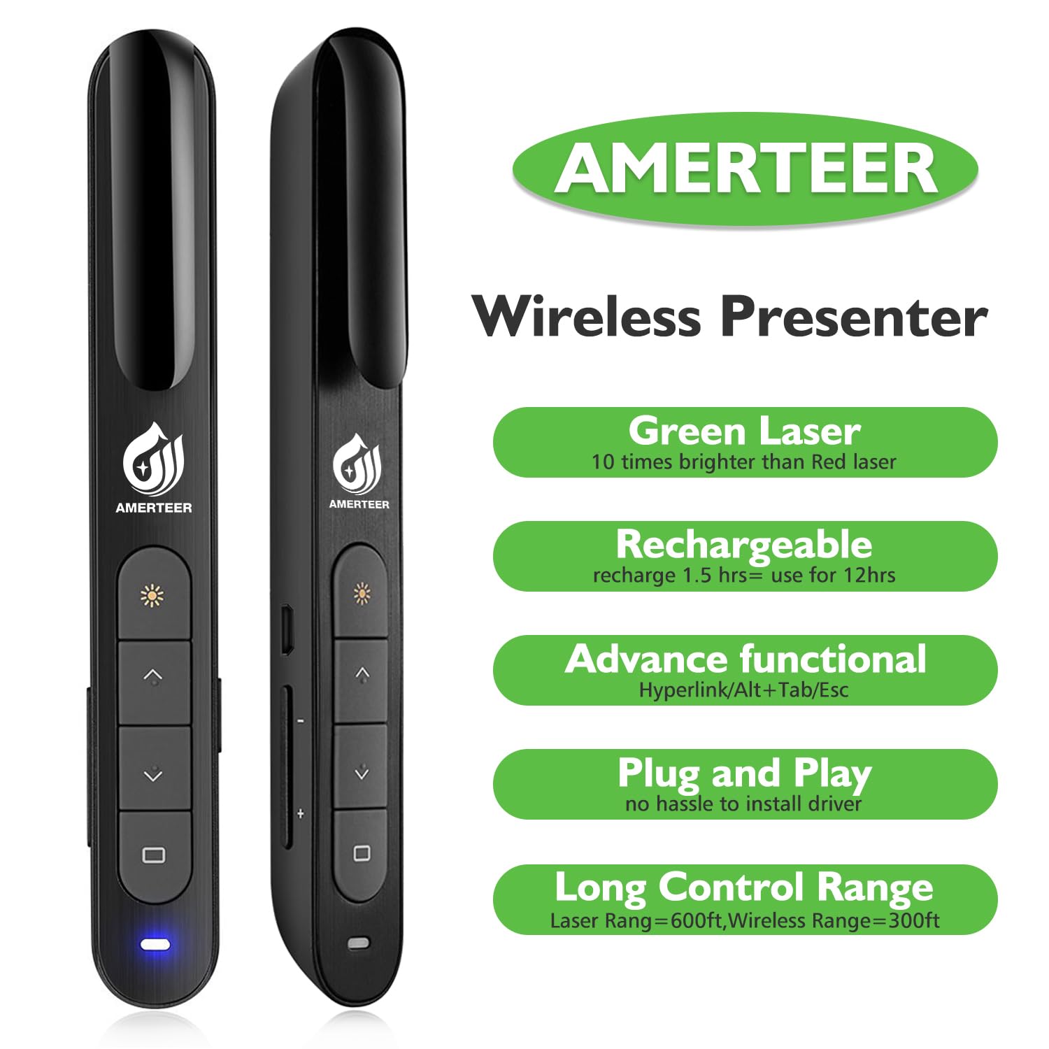 AMERTEER Wireless Presenter, Green Light Rechargeable Presentation Remote Powerpoint Clicker with Laser Pointer PPT Slides Clicker Support Hyperlink RF 2.4GHz