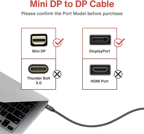 4K Mini DisplayPort to DisplayPort Cable 6.6ft, IVANKY 4K@60Hz, 2K@144Hz Mini DP to DP Cable, Aluminum Shell, Gold-Plated Braided, Thunderbolt to displayport for MacBook Air/Pro, Surface Pro and More