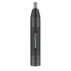 conairman nose hair trimmer for men, for nose, ear, and eyebrows, patent 360 bevel blade for no pull, no snag trimming experience, cordless lithium-powered trimmer with drawstring bag