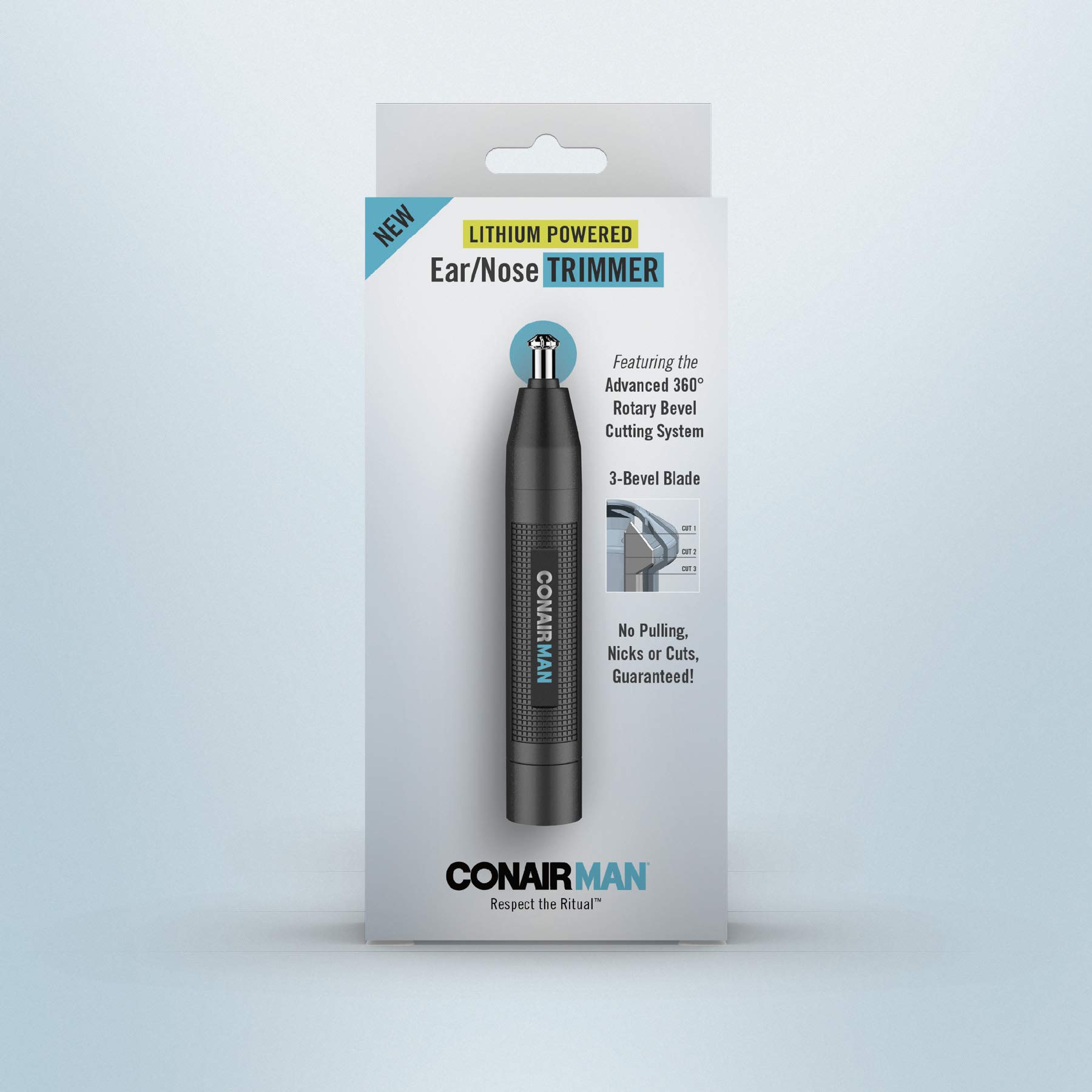 ConairMan Nose Hair Trimmer for Men, For Nose, Ear, and Eyebrows, Patent 360 Bevel Blade for No Pull, No Snag Trimming Experience, Cordless Lithium-Powered Trimmer with Drawstring Bag