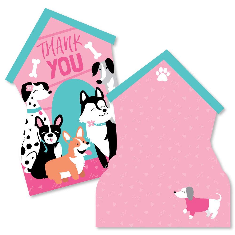 Big Dot of Happiness Pawty Like a Puppy Girl - Shaped Cards - Pink Dog Baby Shower or Birthday Party Thank You Note with Envelopes - Set of 12