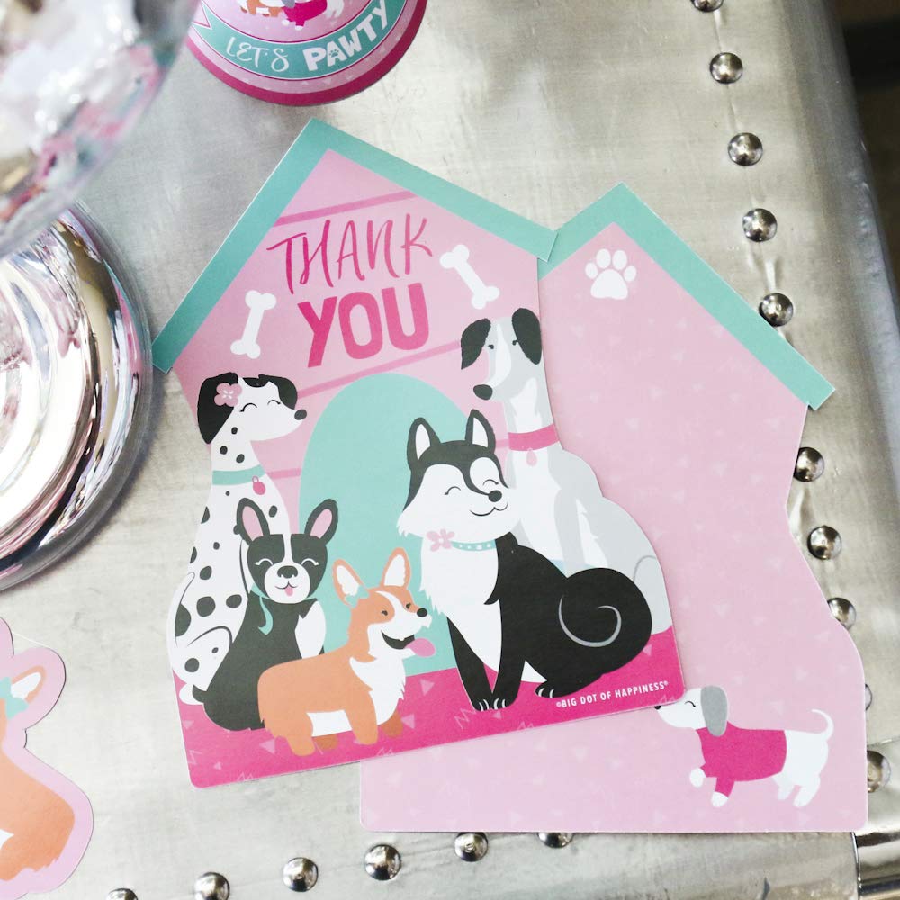 Big Dot of Happiness Pawty Like a Puppy Girl - Shaped Cards - Pink Dog Baby Shower or Birthday Party Thank You Note with Envelopes - Set of 12