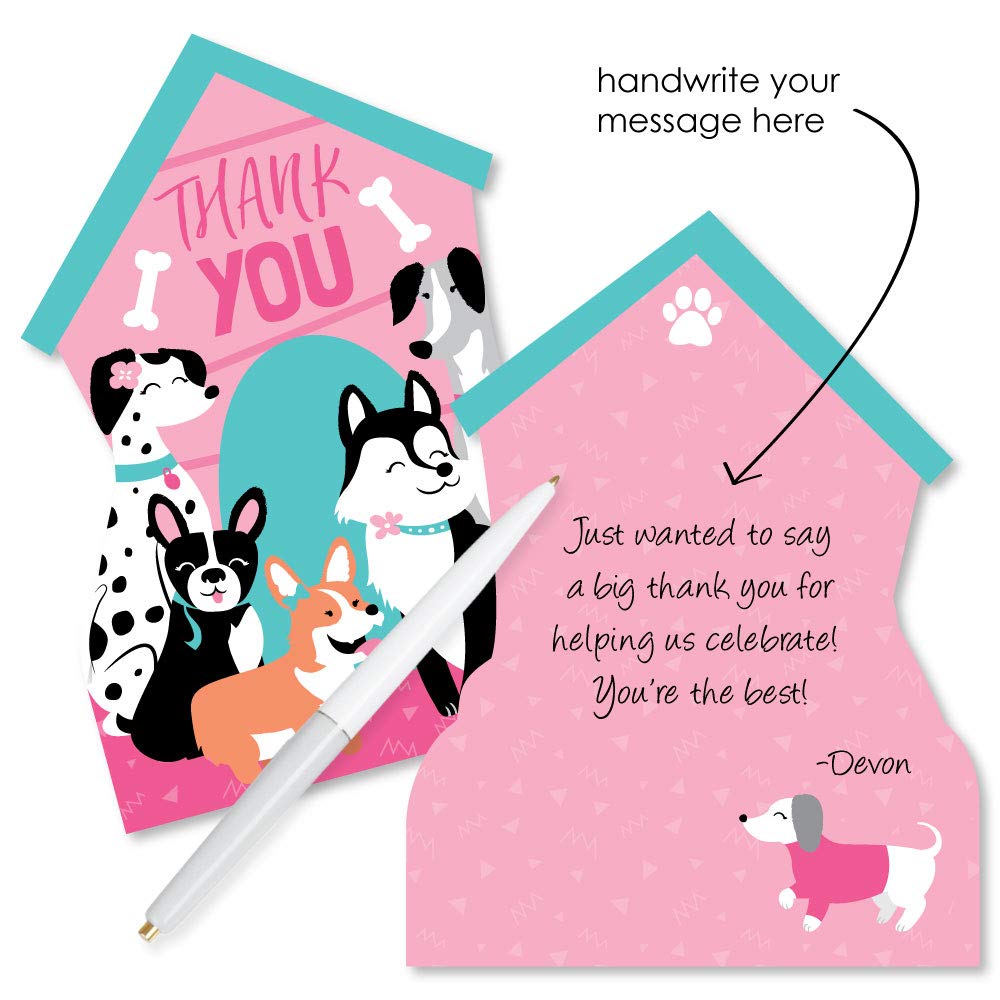 Big Dot of Happiness Pawty Like a Puppy Girl - Shaped Cards - Pink Dog Baby Shower or Birthday Party Thank You Note with Envelopes - Set of 12