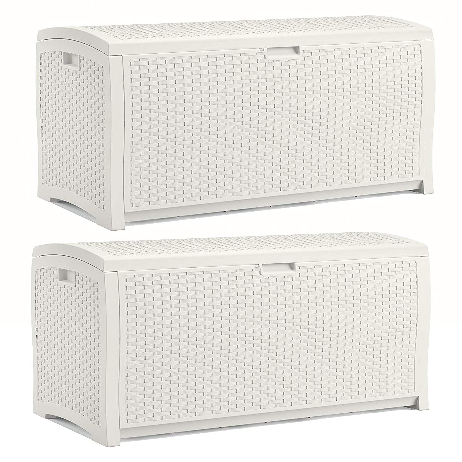 Suncast 99 Gallon Deck Garden Garage Home Wicker Resin Pool Box, White (2 Pack)