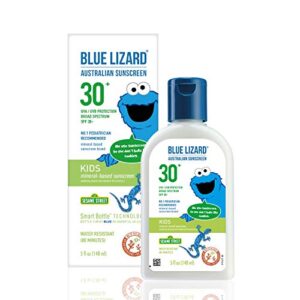 BLUE LIZARD KIDS Mineral Sunscreen with Zinc Oxide, SPF 30+, Water Resistant, UVA/UVB Protection with Smart Bottle Technology - Fragrance Free, Reef Safe Bottle, Unscented, 5 Fl.Oz