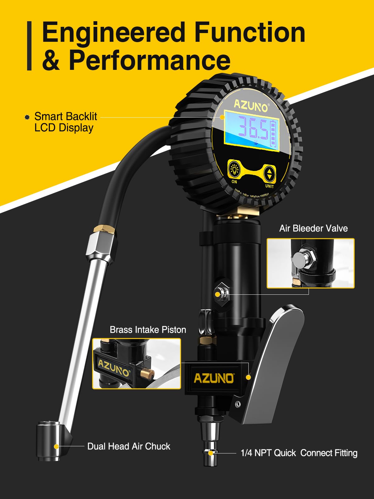 AZUNO Digital Tire Inflator with Pressure Gauge, 200 PSI, Heavy Duty Air Compressor Accessories, w/Rubber Hose Lock on Air Chuck and Quick Connect Coupler