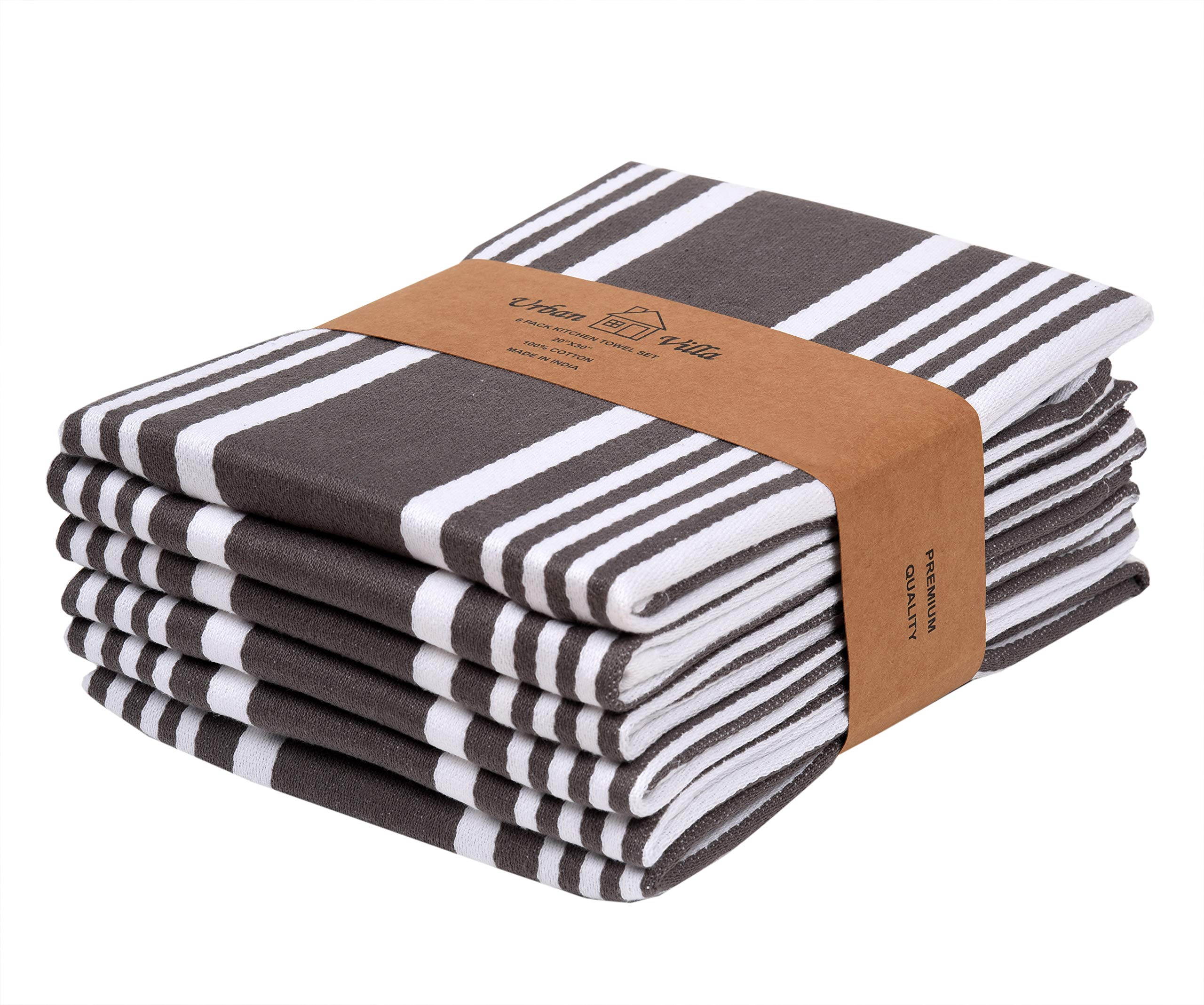 Urban Villa Kitchen Towels (20x30 Inches, 6 Pack) Extra Large Kitchen Hand Towels, Premium Dish Towels for Kitchen Grey & White Dish Cloths Highly Absorbent 100% Cotton with Hanging Loop Tea Towels