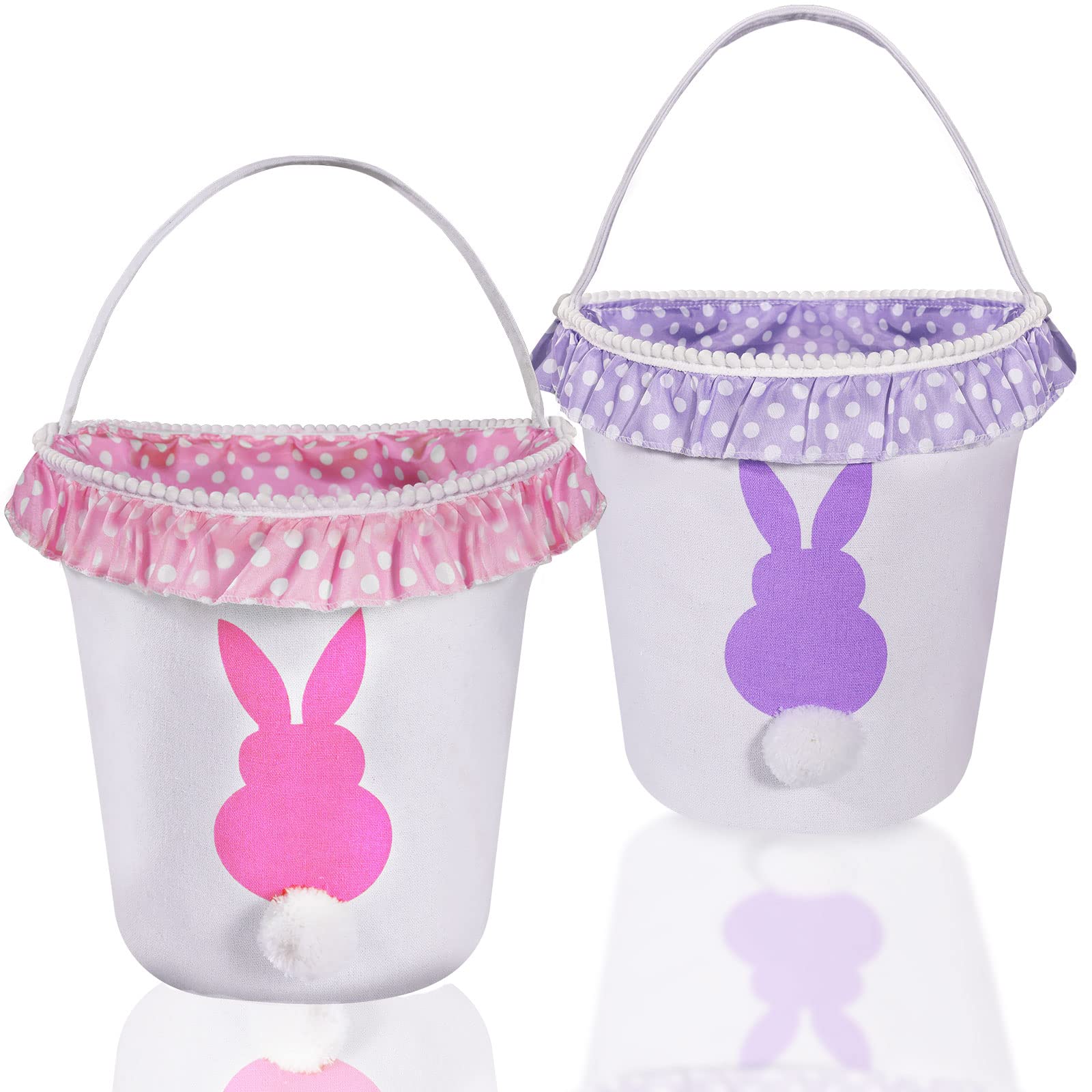 Easter Bunny Basket Eggs Bags 2 Pack with Fluffy Tail Pink Purple Canvas Cotton Rabbit Personalized Handbag Toys Bucket Tote Bag Storage Gifts Candies for Kids Girls with Handles (Pink + Purple)