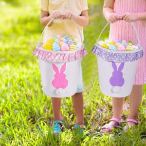 Easter Bunny Basket Eggs Bags 2 Pack with Fluffy Tail Pink Purple Canvas Cotton Rabbit Personalized Handbag Toys Bucket Tote Bag Storage Gifts Candies for Kids Girls with Handles (Pink + Purple)