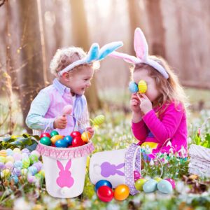 Easter Bunny Basket Eggs Bags 2 Pack with Fluffy Tail Pink Purple Canvas Cotton Rabbit Personalized Handbag Toys Bucket Tote Bag Storage Gifts Candies for Kids Girls with Handles (Pink + Purple)