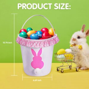 Easter Bunny Basket Eggs Bags 2 Pack with Fluffy Tail Pink Purple Canvas Cotton Rabbit Personalized Handbag Toys Bucket Tote Bag Storage Gifts Candies for Kids Girls with Handles (Pink + Purple)