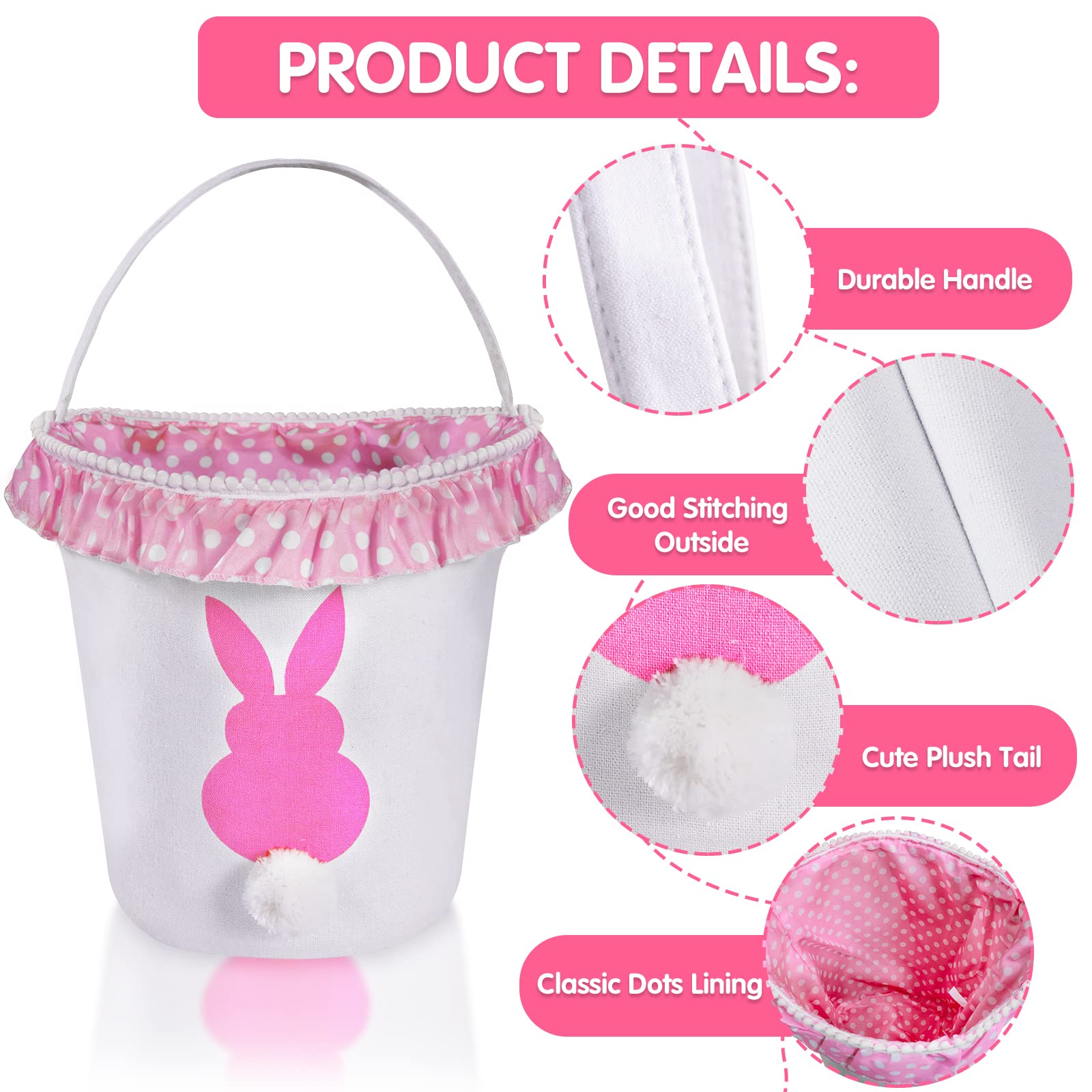 Easter Bunny Basket Eggs Bags 2 Pack with Fluffy Tail Pink Purple Canvas Cotton Rabbit Personalized Handbag Toys Bucket Tote Bag Storage Gifts Candies for Kids Girls with Handles (Pink + Purple)