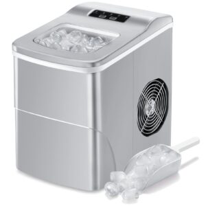 AGLUCKY Ice Makers Countertop with Self-Cleaning, 26.5lbs/24hrs, 9 Cubes Ready in 6~8Mins, Portable Ice Machine with 2 Sizes Bullet Ice/Ice Scoop/Basket for Home/Kitchen/Office/Bar/Party, Grey