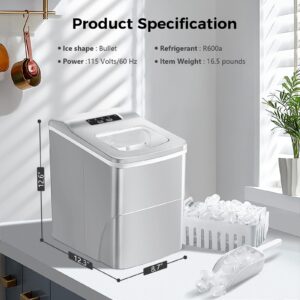 AGLUCKY Ice Makers Countertop with Self-Cleaning, 26.5lbs/24hrs, 9 Cubes Ready in 6~8Mins, Portable Ice Machine with 2 Sizes Bullet Ice/Ice Scoop/Basket for Home/Kitchen/Office/Bar/Party, Grey