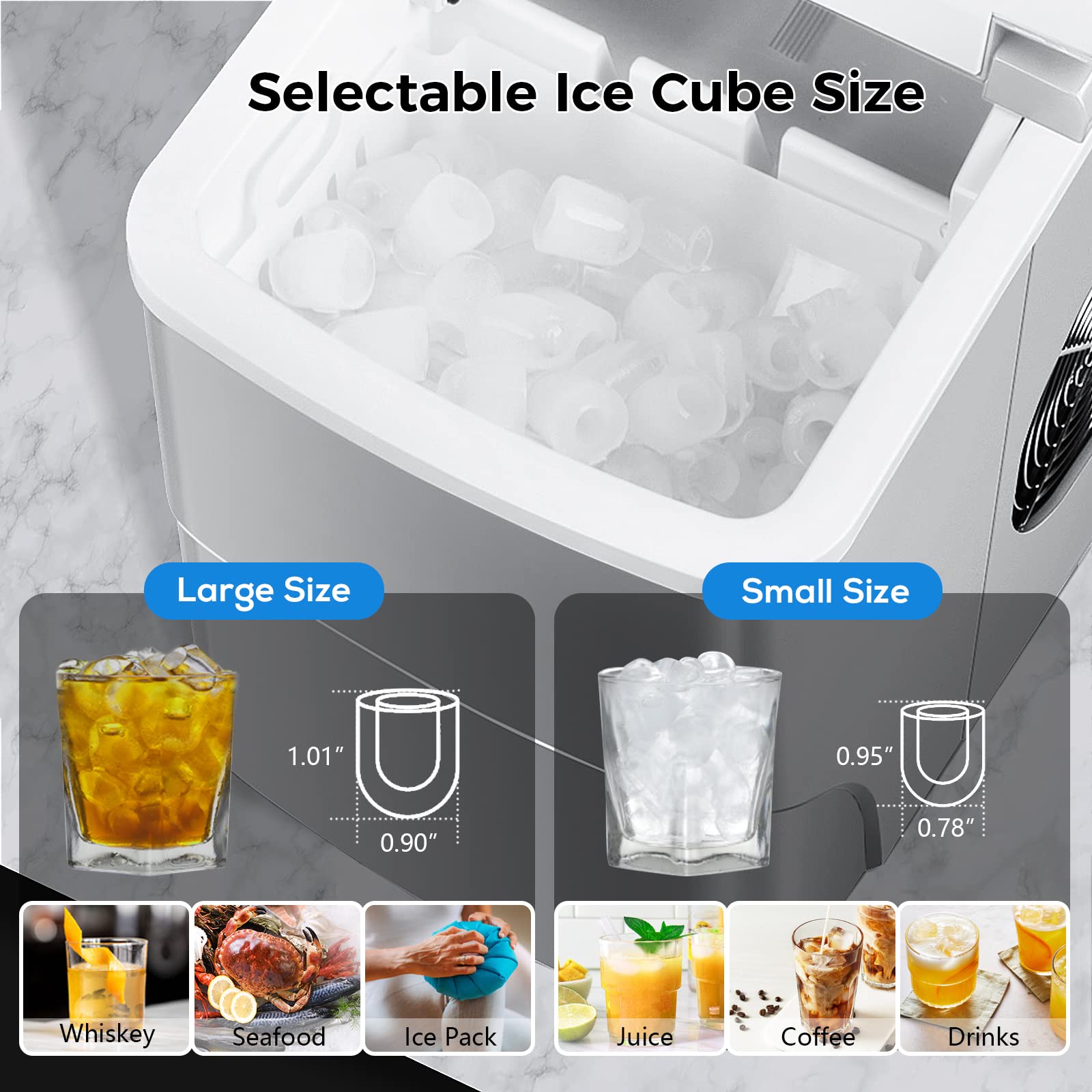 AGLUCKY Ice Makers Countertop with Self-Cleaning, 26.5lbs/24hrs, 9 Cubes Ready in 6~8Mins, Portable Ice Machine with 2 Sizes Bullet Ice/Ice Scoop/Basket for Home/Kitchen/Office/Bar/Party, Grey