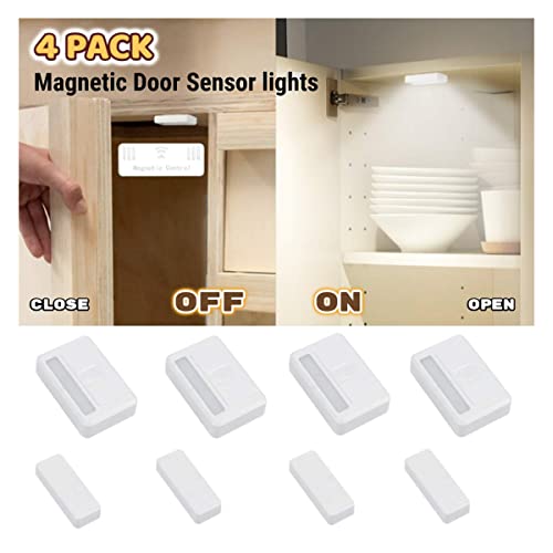 Amagle 4 Pack Magnetic Door Open Sensor Cupboard Drawer Closet Light Battery Operated Automatic Turn On Cabinet Light Stick Led Puck Lights Lighting for Wardrobe Kitchen Basement Trunk