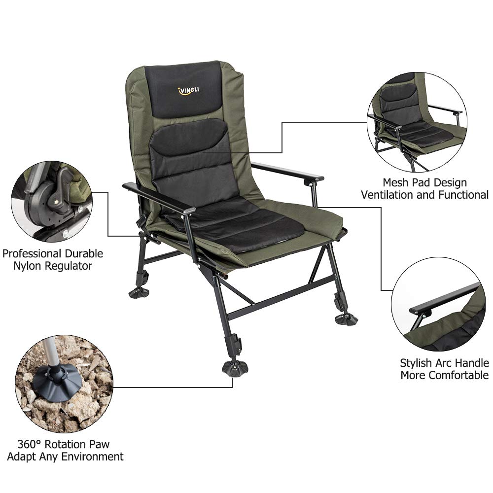 VINGLI Heavy Duty Fishing Chair with Footrest Support 440 LBS, Oversized Camping Chairs with 160° Adjustable High Back, Beach Chair for Outdoors/Yard/Forest