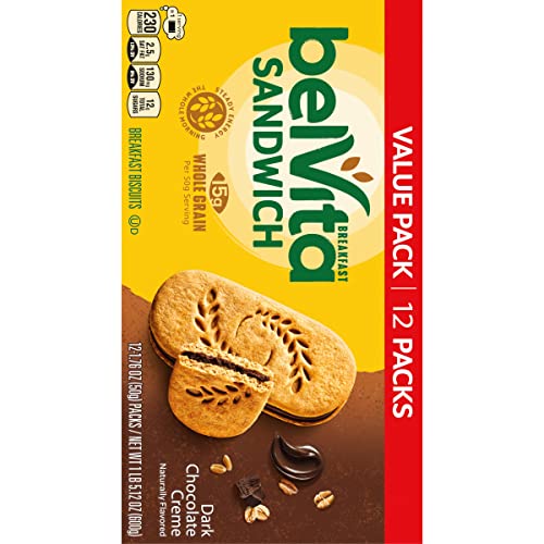 belVita Breakfast Sandwich Dark Chocolate Creme Breakfast Biscuits, Value Pack, 12 Packs (2 Sandwiches Per Pack)