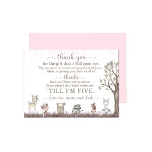 girls woodland baby thank you cards, 15 pack – cute baby shower notes with envelopes set, prefilled message, customizable and personalize blank stationery pink, rustic floral, new parents gift ideas