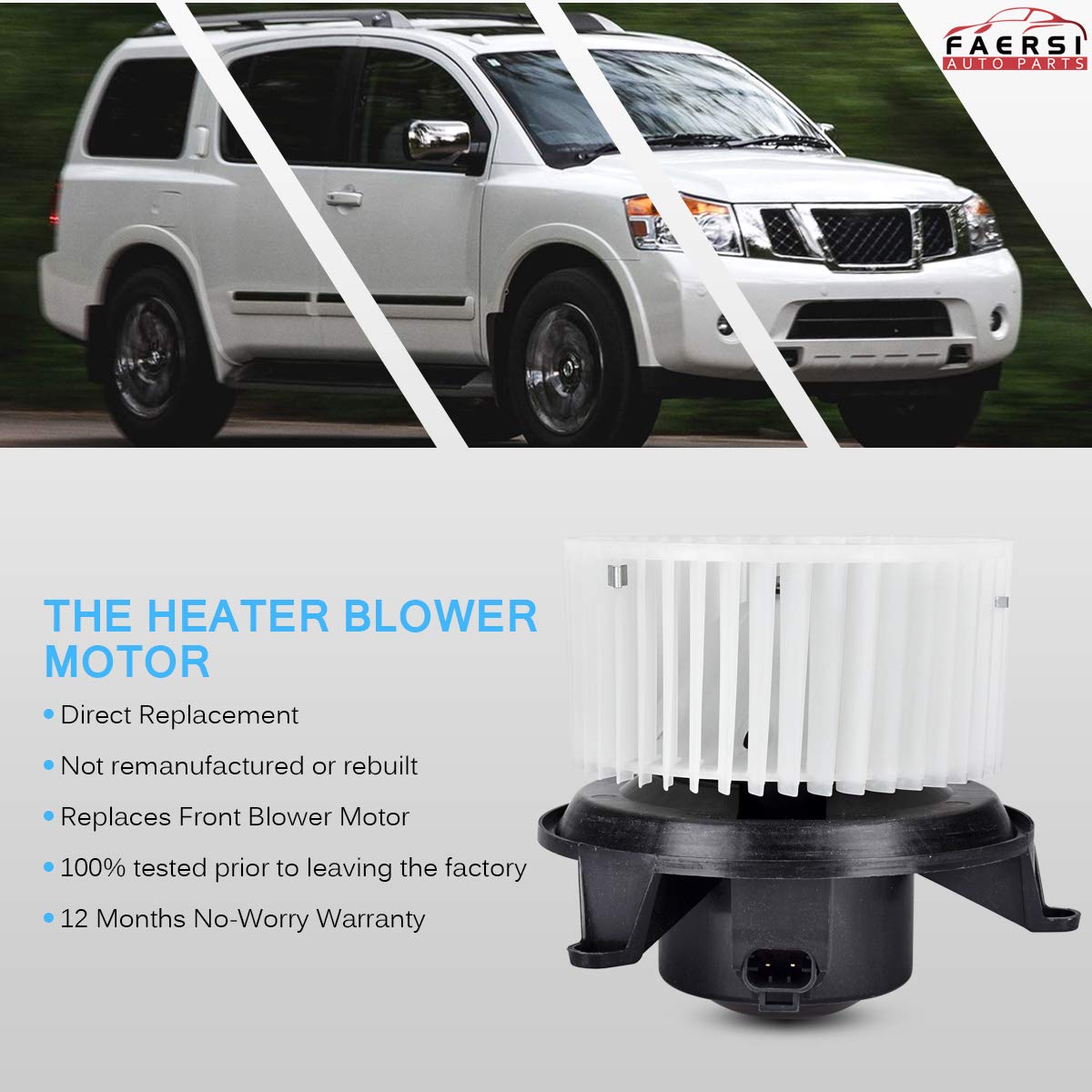 FAERSI HVAC Plastic Heater Front Blower Motor with Fan Cage Compatible with 2004-2010 Infiniti QX56, 2005-2015 Nissan Armada, 2004-2008 Nissan Titan, 2004 Nissan Pathfinder Replaces 700174 27226ZH00A