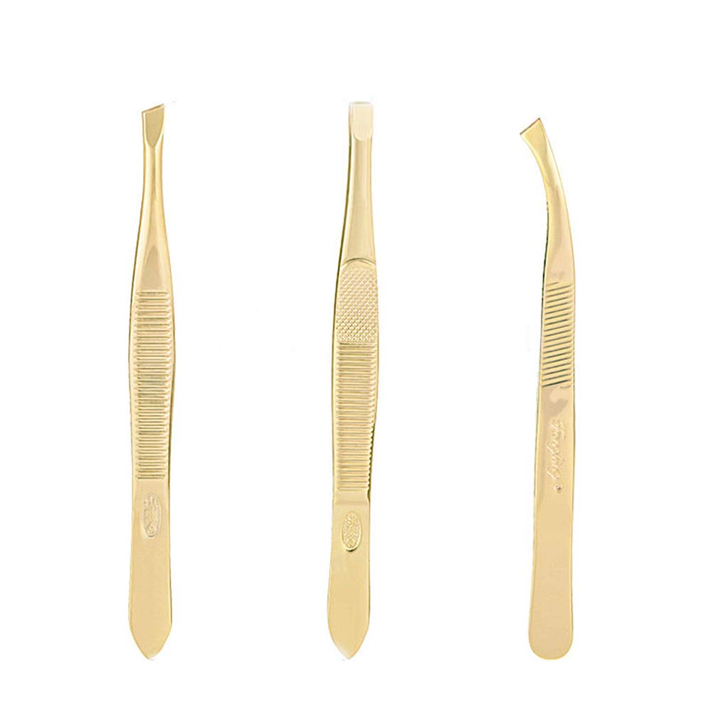 Tvoip 3Pcs Eyebrow Tweezer Golden Stainless Steel Slant/Flat Tip Curved Forceps Hair Removal Cosmetic Makeup Tool Kit Face Trimmer