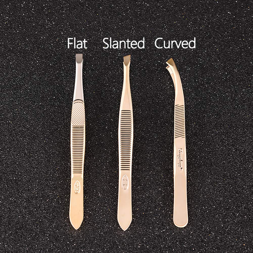 Tvoip 3Pcs Eyebrow Tweezer Golden Stainless Steel Slant/Flat Tip Curved Forceps Hair Removal Cosmetic Makeup Tool Kit Face Trimmer