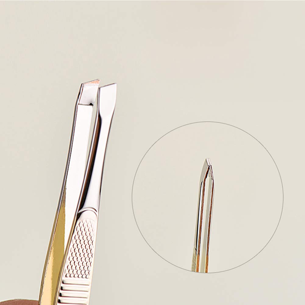 Tvoip 3Pcs Eyebrow Tweezer Golden Stainless Steel Slant/Flat Tip Curved Forceps Hair Removal Cosmetic Makeup Tool Kit Face Trimmer