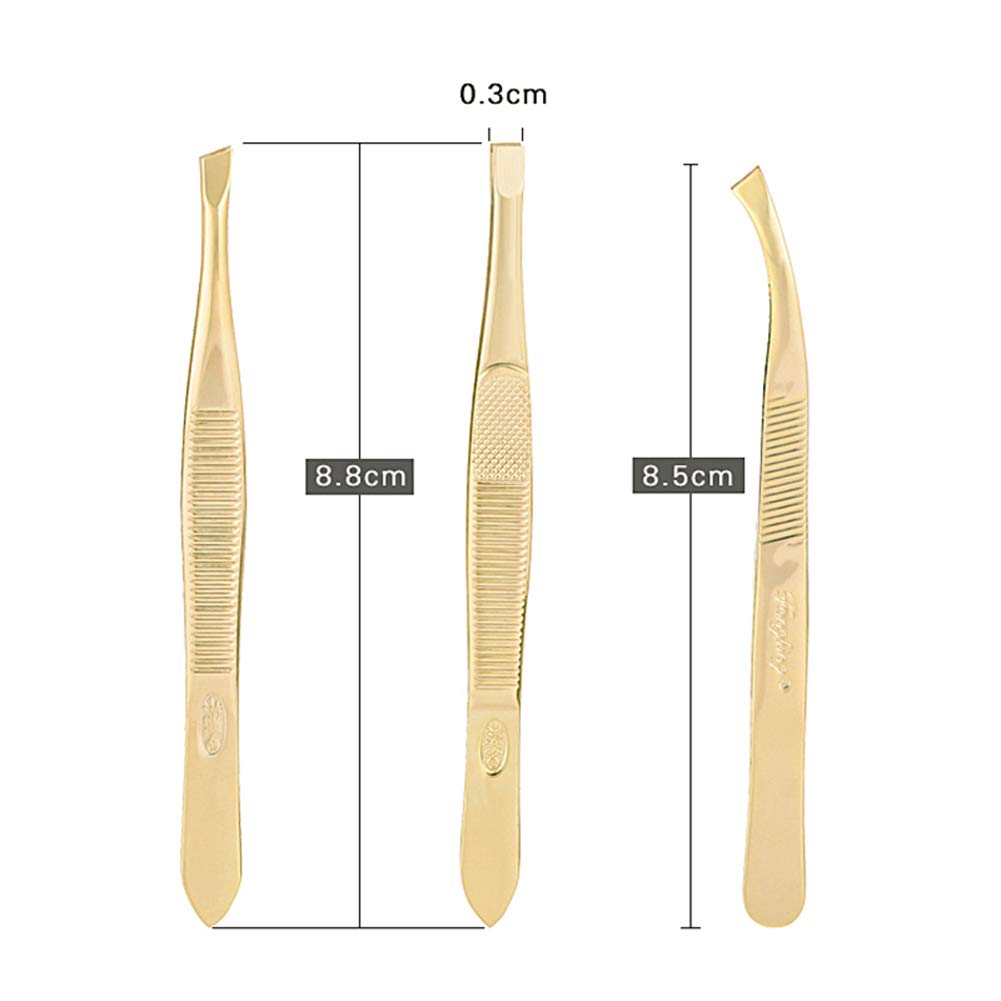 Tvoip 3Pcs Eyebrow Tweezer Golden Stainless Steel Slant/Flat Tip Curved Forceps Hair Removal Cosmetic Makeup Tool Kit Face Trimmer