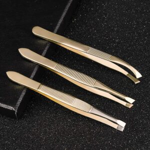 Tvoip 3Pcs Eyebrow Tweezer Golden Stainless Steel Slant/Flat Tip Curved Forceps Hair Removal Cosmetic Makeup Tool Kit Face Trimmer