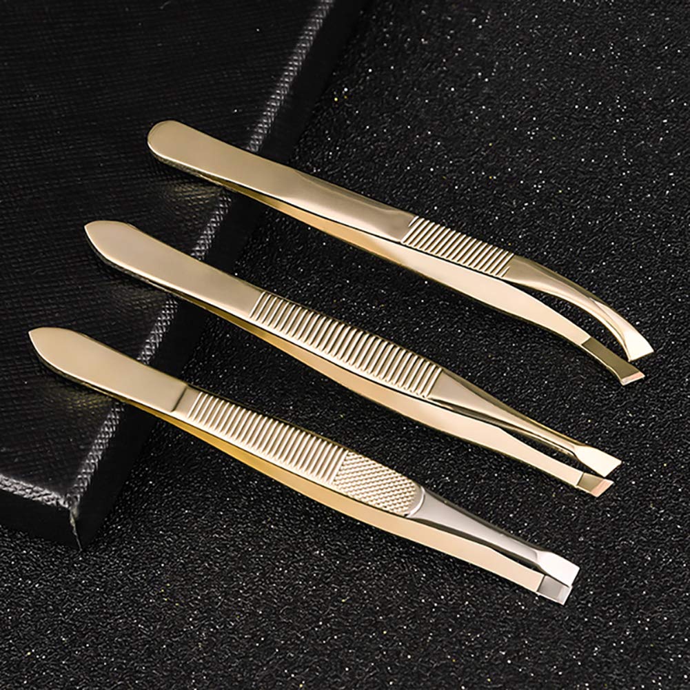 Tvoip 3Pcs Eyebrow Tweezer Golden Stainless Steel Slant/Flat Tip Curved Forceps Hair Removal Cosmetic Makeup Tool Kit Face Trimmer