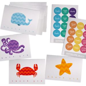 Under The Sea Chevron Animals Thank You Cards Variety Pack - For Baby Showers or Kids - 48 Cards with Envelopes and Colorful Sticker Seals