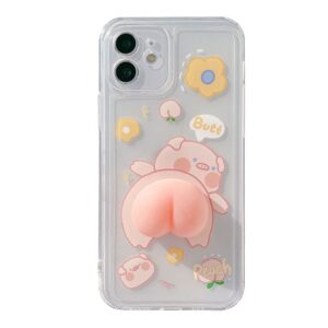 BONTOUJOUR Phone Case for iPhone 11, Funny Novelty Waving 3D Squeezable Peach Butt Piggy Pattern Lovely Pig Case Transparent Soft TPU Silicone Rubber Case Help Relax