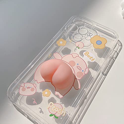 BONTOUJOUR Phone Case for iPhone 11, Funny Novelty Waving 3D Squeezable Peach Butt Piggy Pattern Lovely Pig Case Transparent Soft TPU Silicone Rubber Case Help Relax