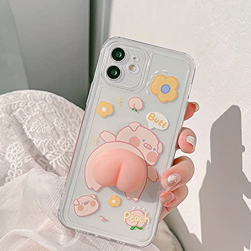 BONTOUJOUR Phone Case for iPhone 11, Funny Novelty Waving 3D Squeezable Peach Butt Piggy Pattern Lovely Pig Case Transparent Soft TPU Silicone Rubber Case Help Relax