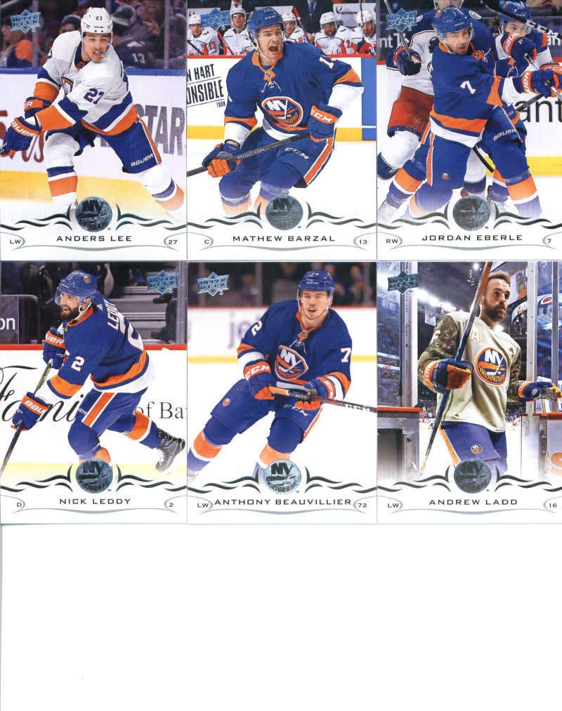 2018-19 Upper Deck Series 1 and 2 Hockey Complete New York Islanders Team Set of 13 Cards: Andrew Ladd(#114), Anthony Beauvillier(#115), Nick Leddy(#116), Jordan Eberle(#117), Mathew Barzal(#118), Anders Lee(#119), Thomas Greiss(#365), Robin Lehner(#366),