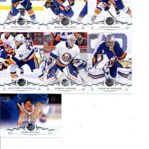 2018-19 Upper Deck Series 1 and 2 Hockey Complete New York Islanders Team Set of 13 Cards: Andrew Ladd(#114), Anthony Beauvillier(#115), Nick Leddy(#116), Jordan Eberle(#117), Mathew Barzal(#118), Anders Lee(#119), Thomas Greiss(#365), Robin Lehner(#366),